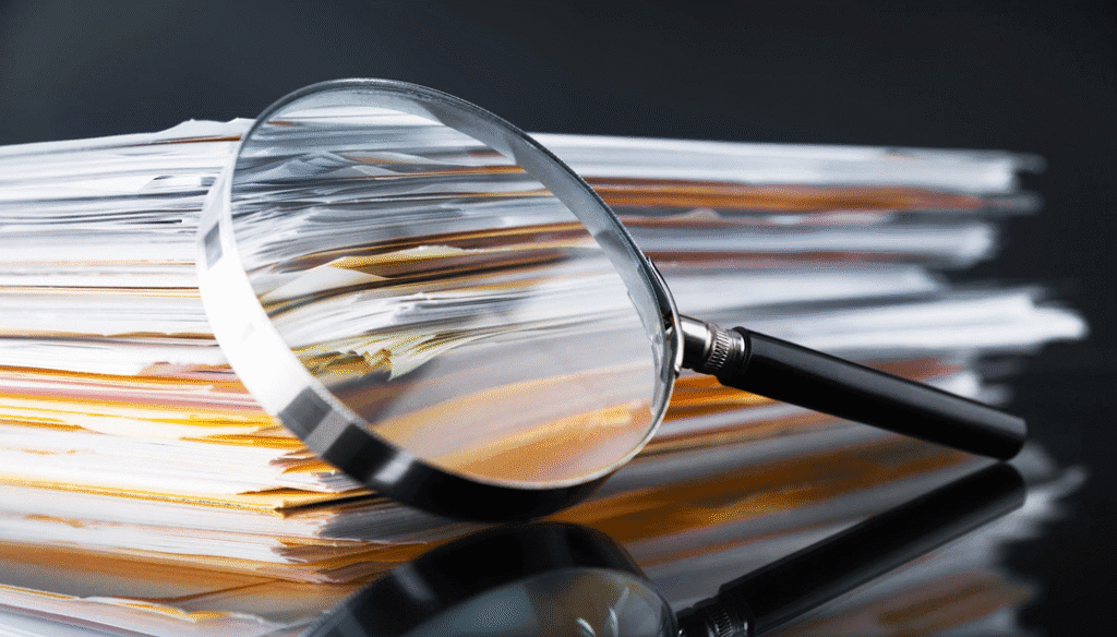 Lupa junto de documentos fazendo referência a estratégias para anular um PAD injusto.