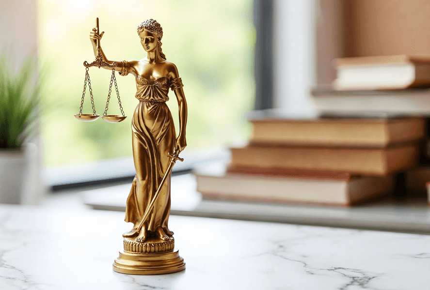 Símbolo da justiça e livros ao fundo, fazendo referência ao equilíbrio e à justiça na conduta inadequada do servidor público.