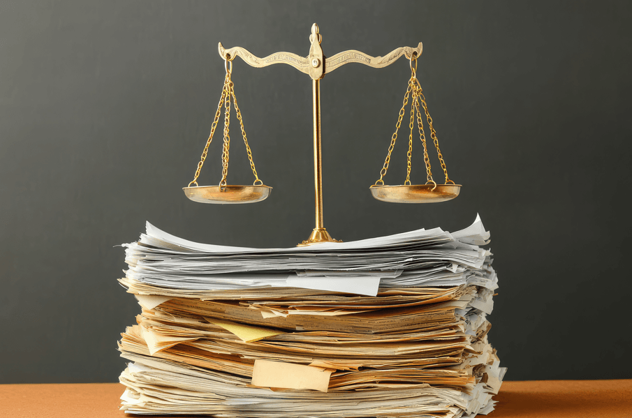 Sindicância no serviço público: balança da justiça em cima de uma pilha de papéis.