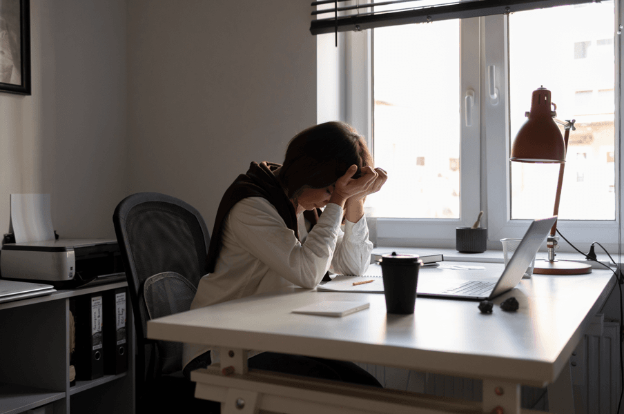 Remoção por motivo de saúde do servidor público pedido: mulher em sua sala de trabalho com os cotovelos apoiados na mesa e mãos na cabeça.