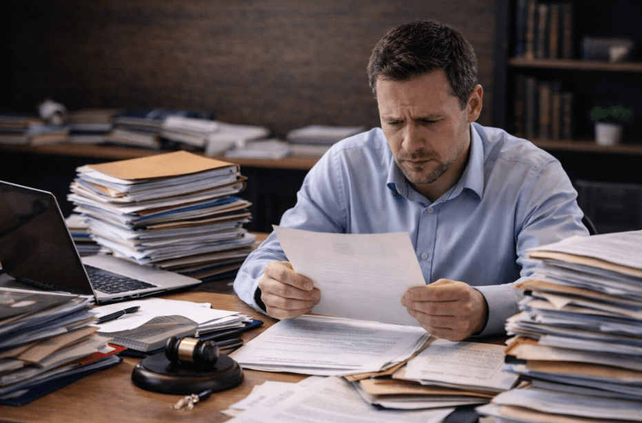 A desproporcionalidade da penalidade no Processo Administrativo Disciplinar: home lendo documentos com pilhas de papéis sobre a mesa.