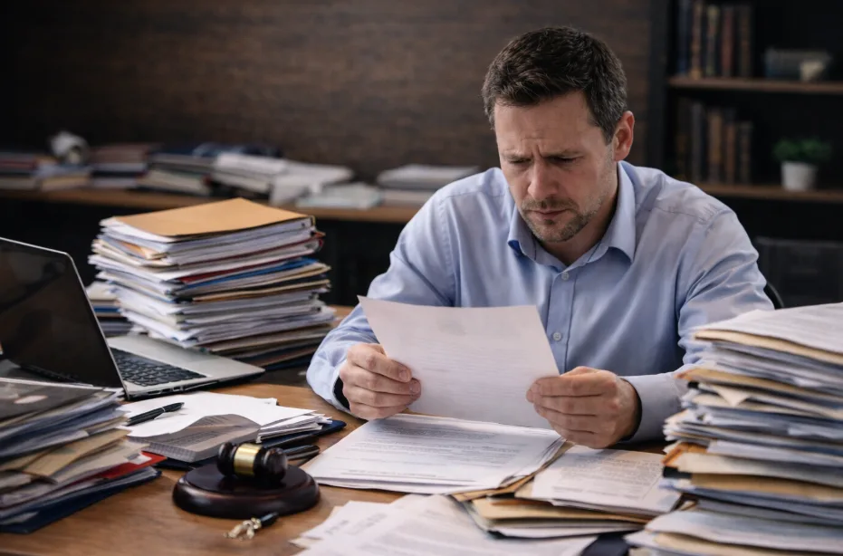 A desproporcionalidade da penalidade no Processo Administrativo Disciplinar: home lendo documentos com pilhas de papéis sobre a mesa.