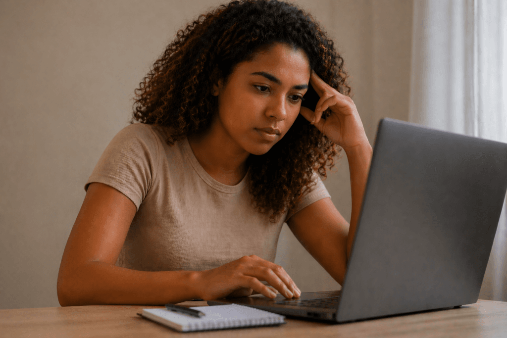 Como saber se sou pardo concurso: menina parda mexendo no laptop.