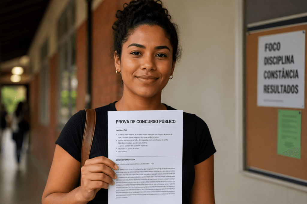 Como saber se sou pardo concurso: menina parda segurando prova de concurso.