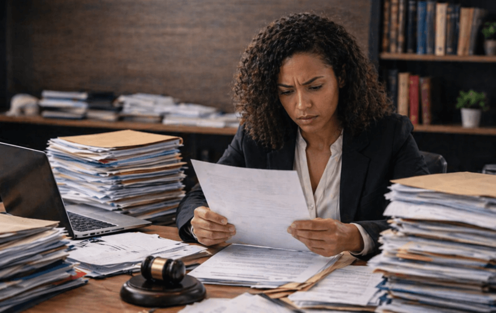 Reintegração de servidor público: mulher sentada à mesa trabalhando e do lado uma pilha de papéis.