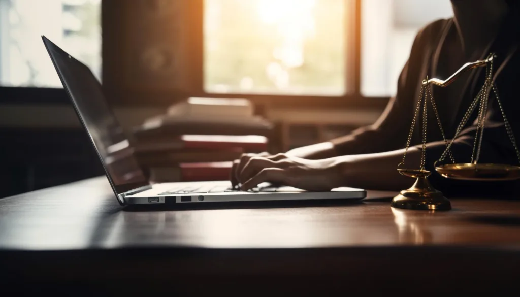 Reintegração de servidor público: mulher trabalhando no laptop e do lado balança da justiça.