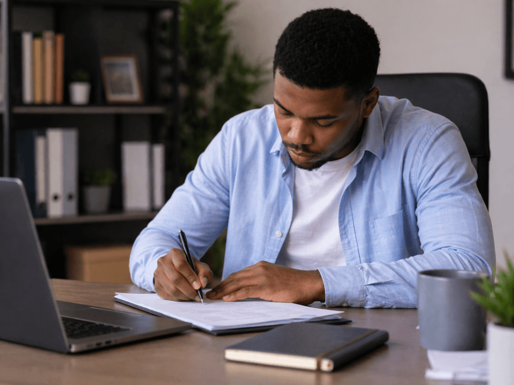 Servidor em licença não remunerada pode trabalhar: homem em sua mesa de trabalho com caderno e laptop.