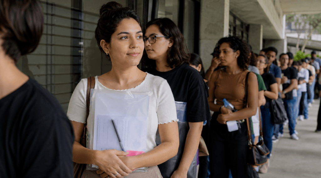 Limite de idade para entrar na polícia militar feminina: mulher na fila do concurso.