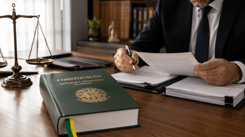 Devido processo legal no PAD: advogado em sua sala com a constituição sobre a mesa.