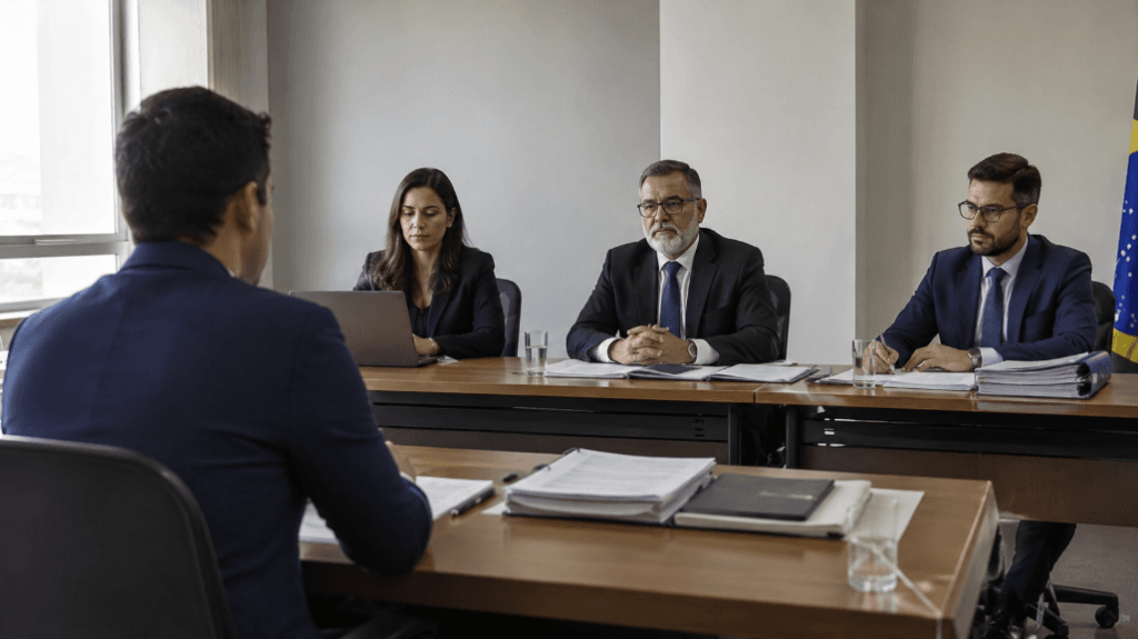 Devido processo legal no PAD: pessoas discutindo sobre leis.