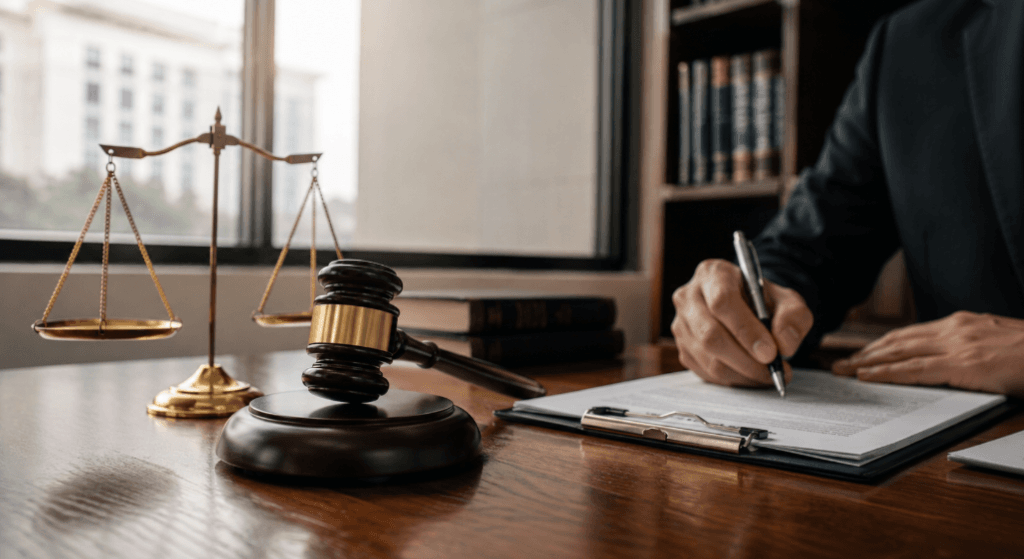 Devido Processo Legal no Processo Administrativo Disciplinar: advogado em sua mesa assinando documentos.