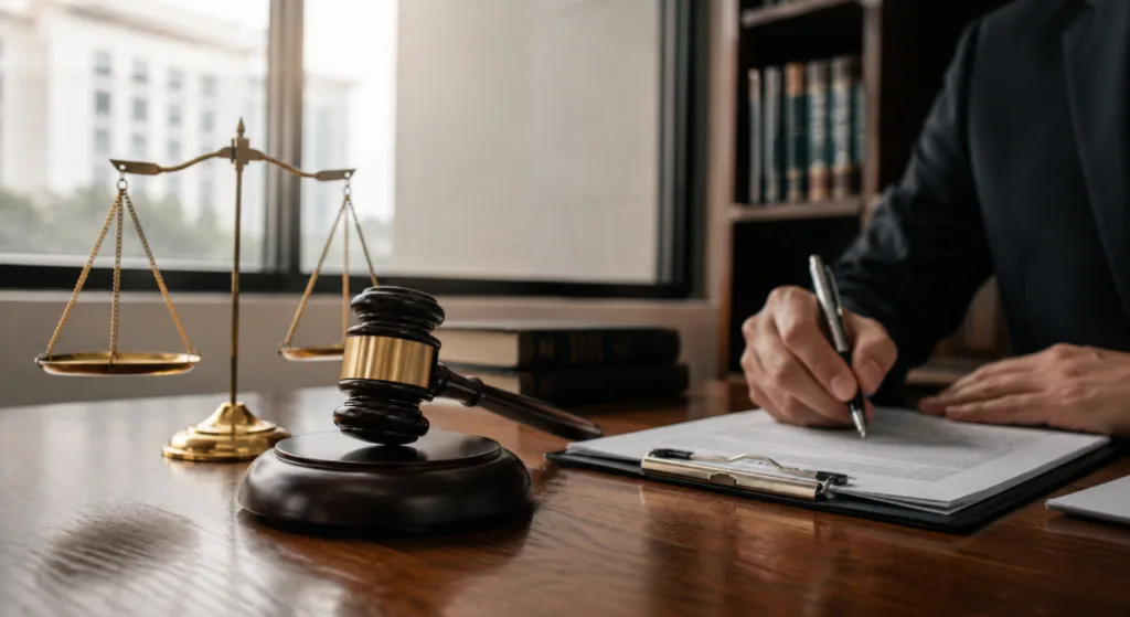 Devido Processo Legal no Processo Administrativo Disciplinar: advogado em sua mesa assinando documentos.