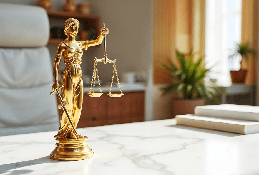 Teletrabalho negado: estátua da justiça sobre a mesa.