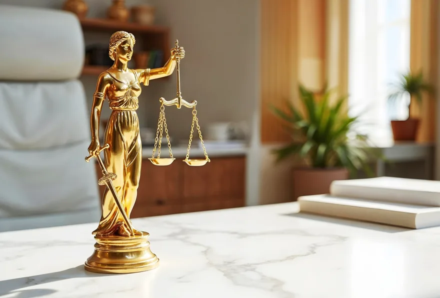 Teletrabalho negado: estátua da justiça sobre a mesa.