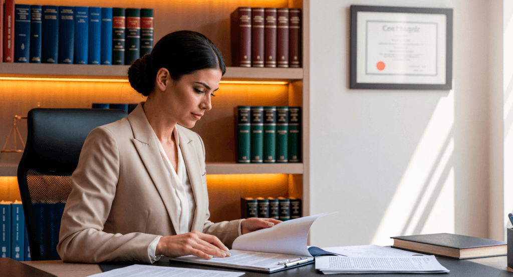 Formalismo moderado no PAD: advogada em sua sala analisando documentos.